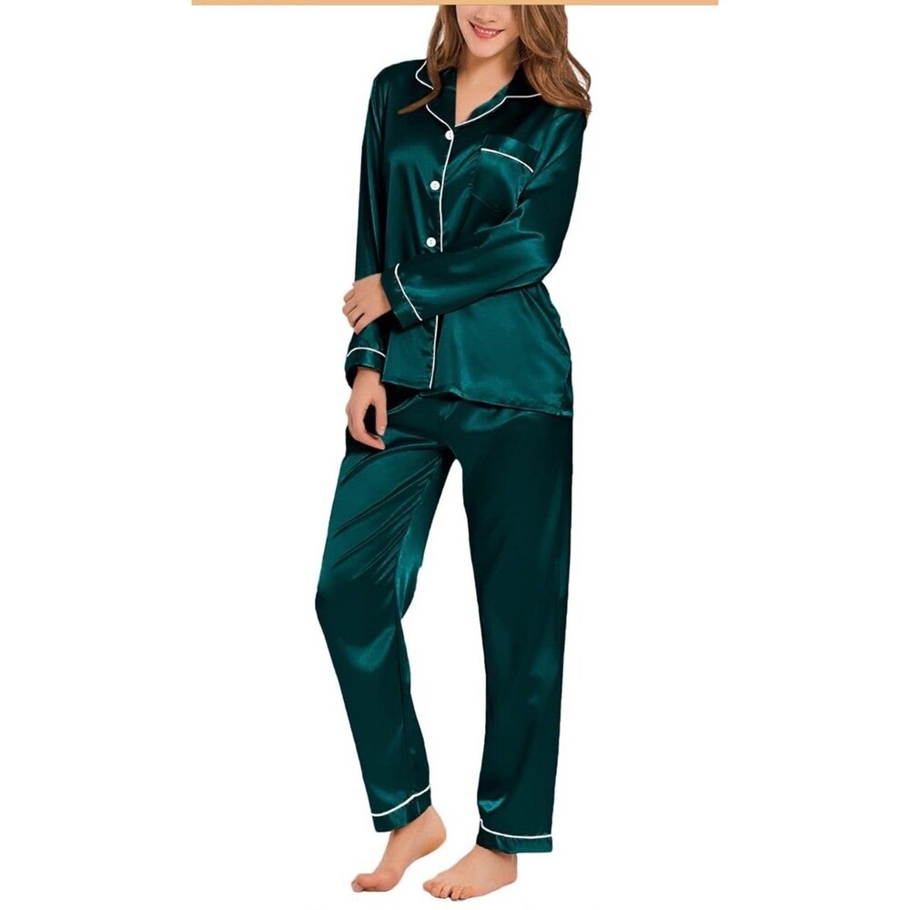 New Women's Silk Satin Pajama Set Button LS Top And Elastic Waist Pants Amazon